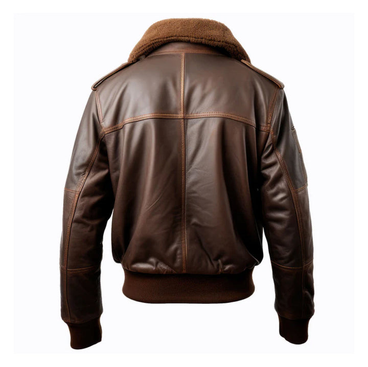 Men's Brown Pilot Lapel Bomber Leather Jacket