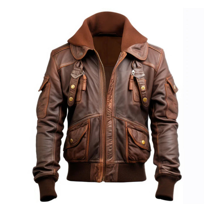 Men's Brown Flight Lapel Hooded Genuine Leather Jacket