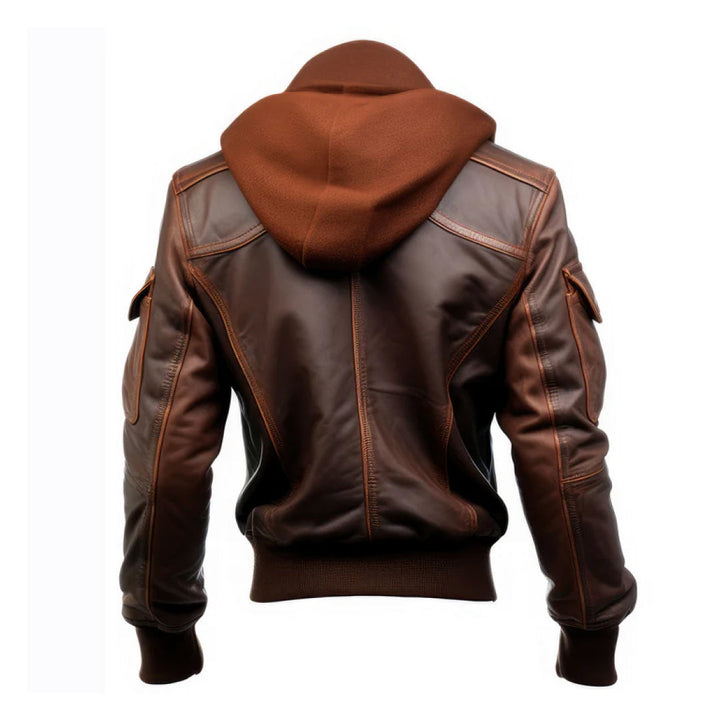 Men's Brown Flight Lapel Hooded Genuine Leather Jacket