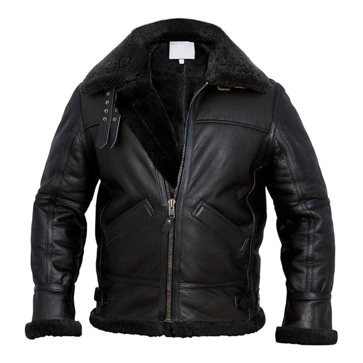 Men's Shearling Adjustable Collar Leather Jacket