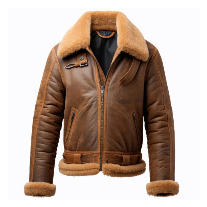 Men's Brown B3 Zipper Pockets Shearling Leather Jacket