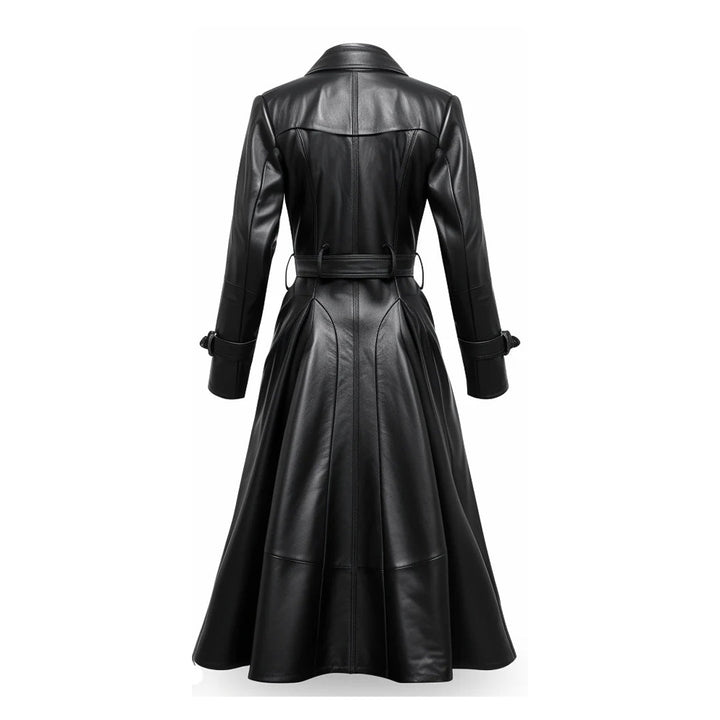 Women Black Bravura Long Leather Coat