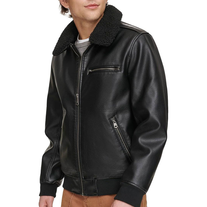 Men's Faux Sherpa Collar Bomber Leather Jacket