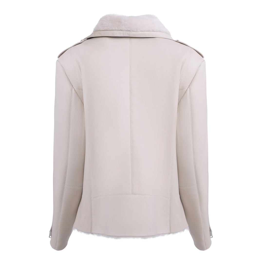 Women's White Shearling Straight Moto Jacket