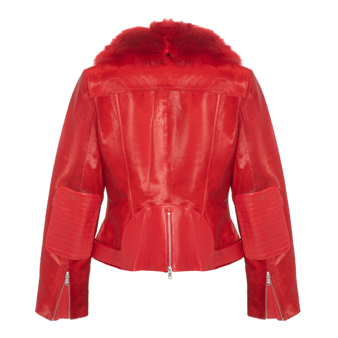 Women's Tara Calf Red Fur Red Leather Jacket